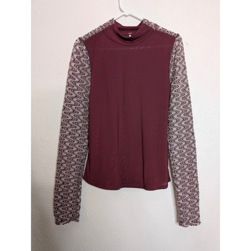 Free People Eve Large Burgundy‎ Mesh Long Sleeve Top Retro Sheer Boho Hippie